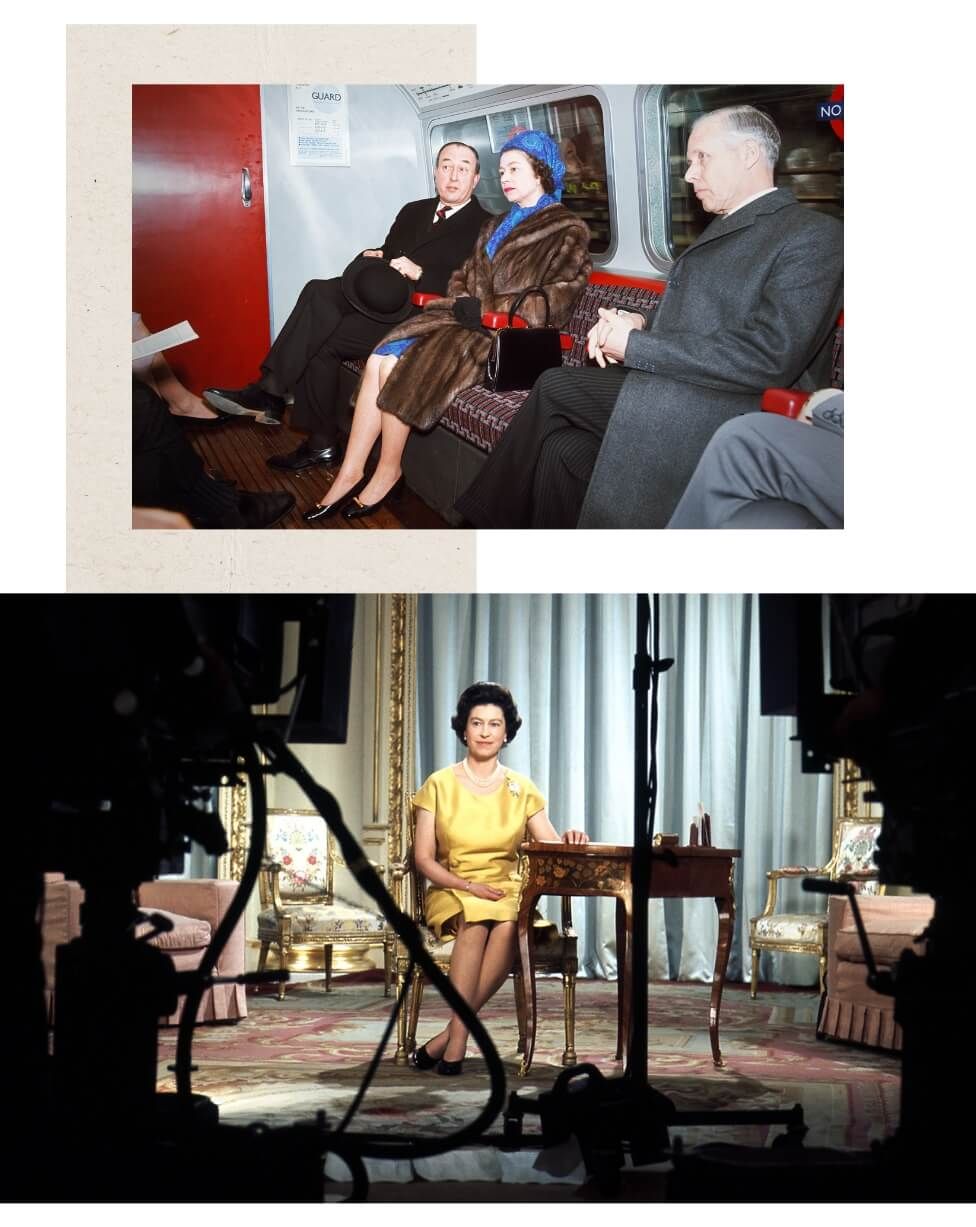 Two picture of the Queen, one with her sat on a train on the London Underground while wearing a fur coat, and the other sat at a desk surrounded by television equipment