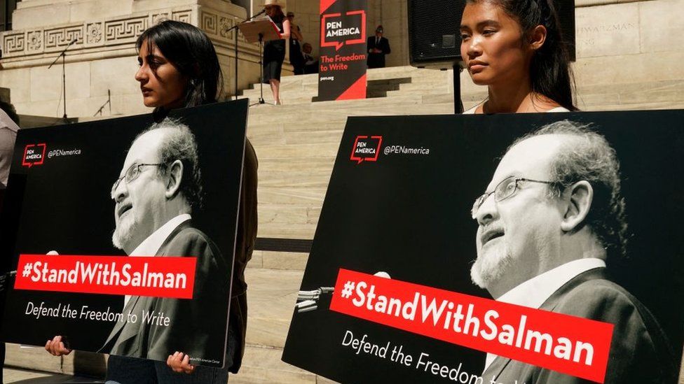 A rally to show solidarity for free expression outside the New York Public Library after the attack on Salman Rushdie
