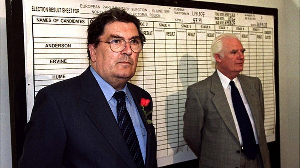 John Hume during the announcement of the results of the 1999 European election, in which he came a close second in the poll to Ian Paisley