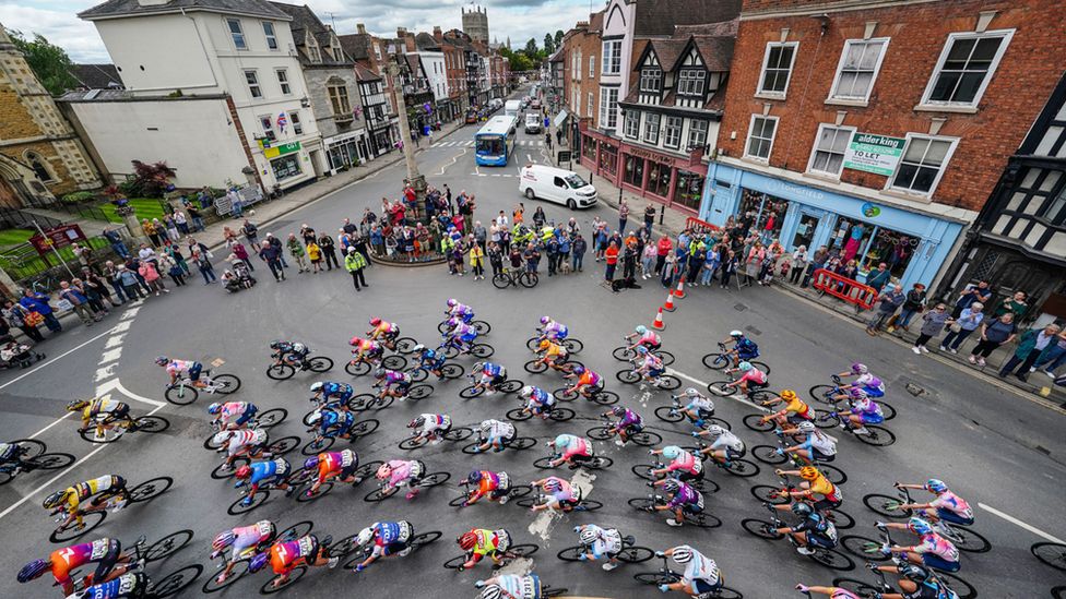 Riders in the Women's Tour passing through Tewkesbury