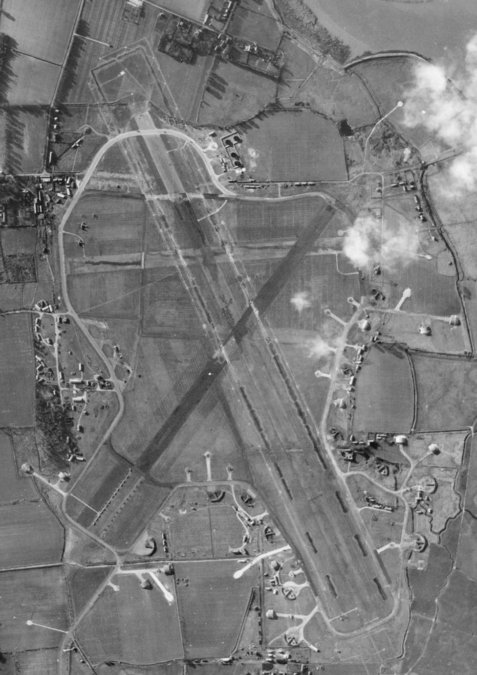 Detail showing the extended runways and dispersal areas of RAF Bradwell Bay, Essex, on 25 January 1944.