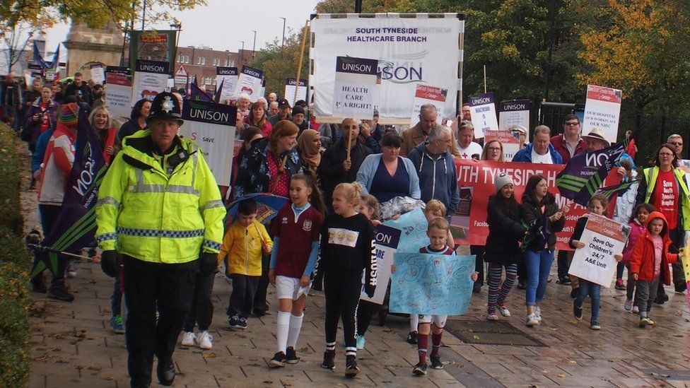 Campaigners march to protest the planned closure of units at South Tyneside Hospital