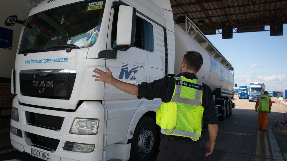 A lorry is stopped by Border Force staff at Portsmouth port