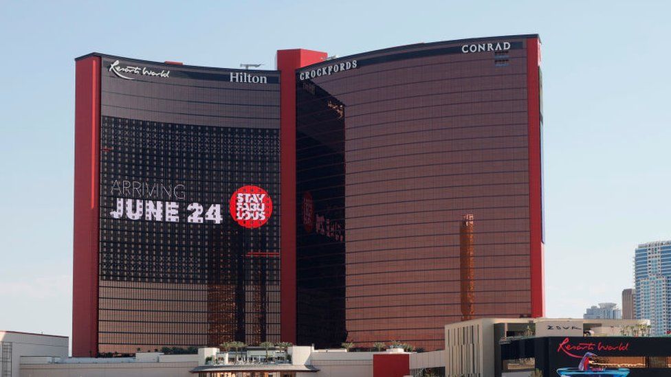 An exterior view shows construction continuing at Resorts World Las Vegas.