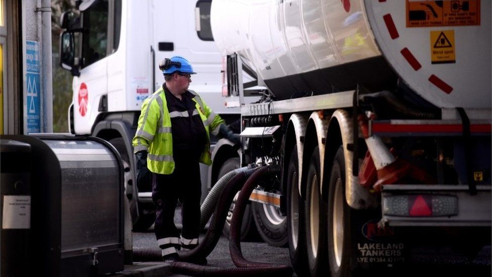 A fuel tanker is seen at a petrol and diesel filling station, Begelly, Pembrokeshire