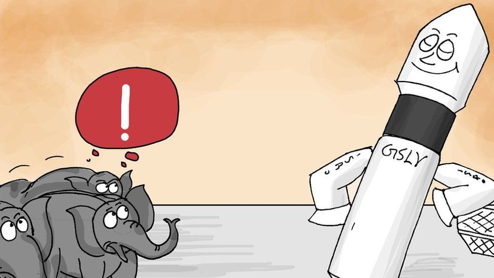 Cartoon showing elephants and the rocket