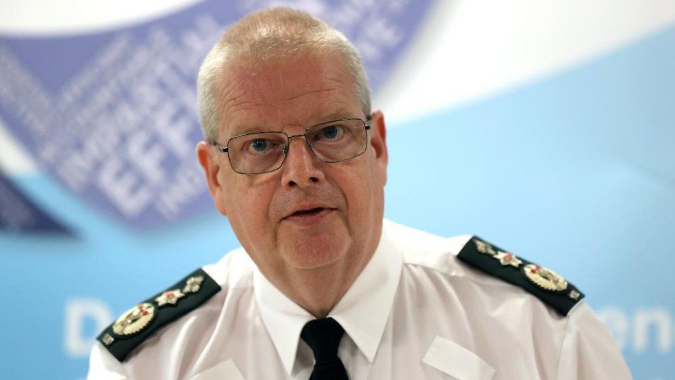 Police Service of Northern Ireland (PSNI) Chief Constable Simon Byrne during a property   league  aft  an exigency  gathering  of the Northern Ireland Policing Board astatine  James House successful  Belfast, pursuing  a information  breach.