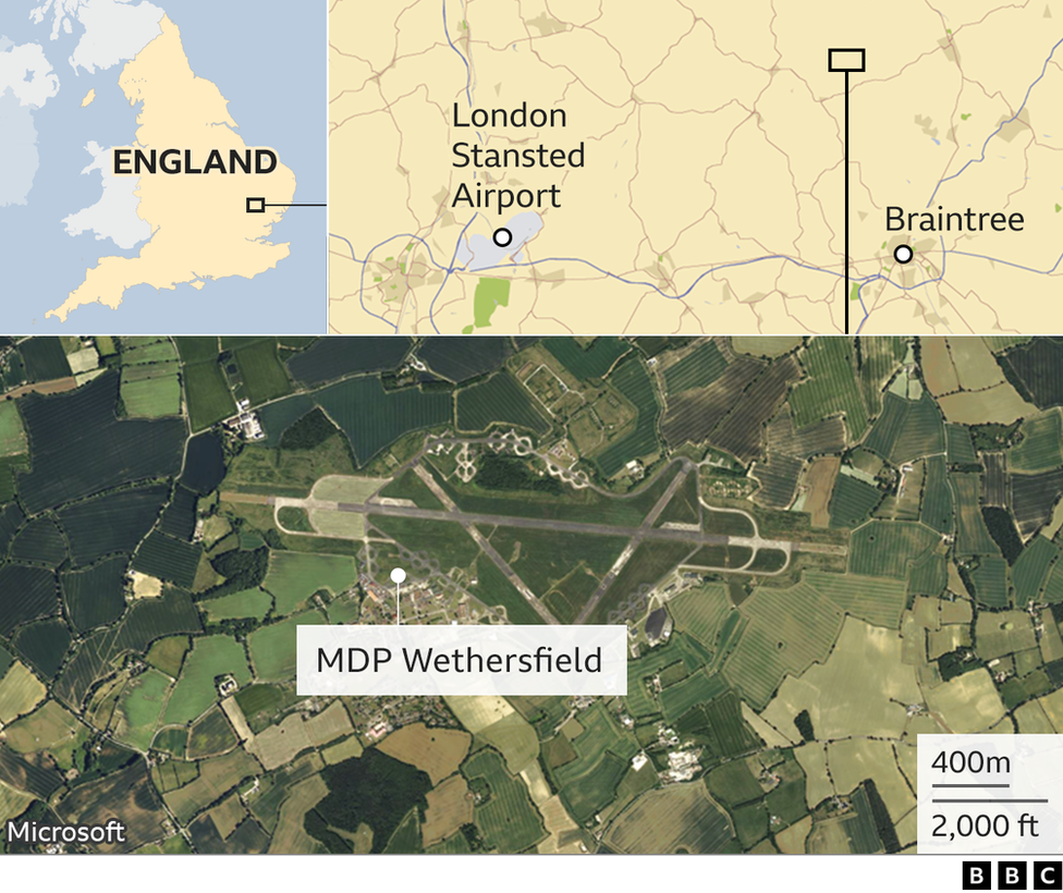 Aerial shot showing MDP Wethersfield and locator maps showing where it is in England in relation to Braintree and London Stansted Airport