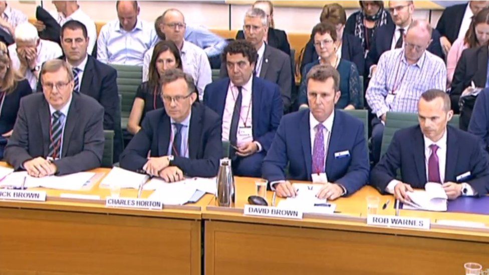 (L-r) Nick Brown and Charles Horton from GTR, David Brown and Rob Warnes from Northern answer questions from the Transport Committee