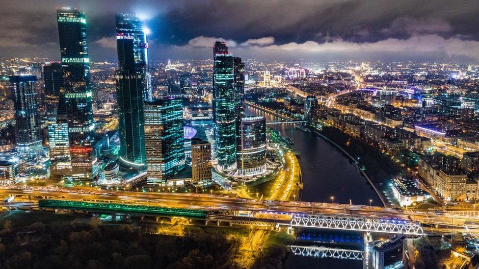 An aerial view of the skyline of Moscow's business district at night
