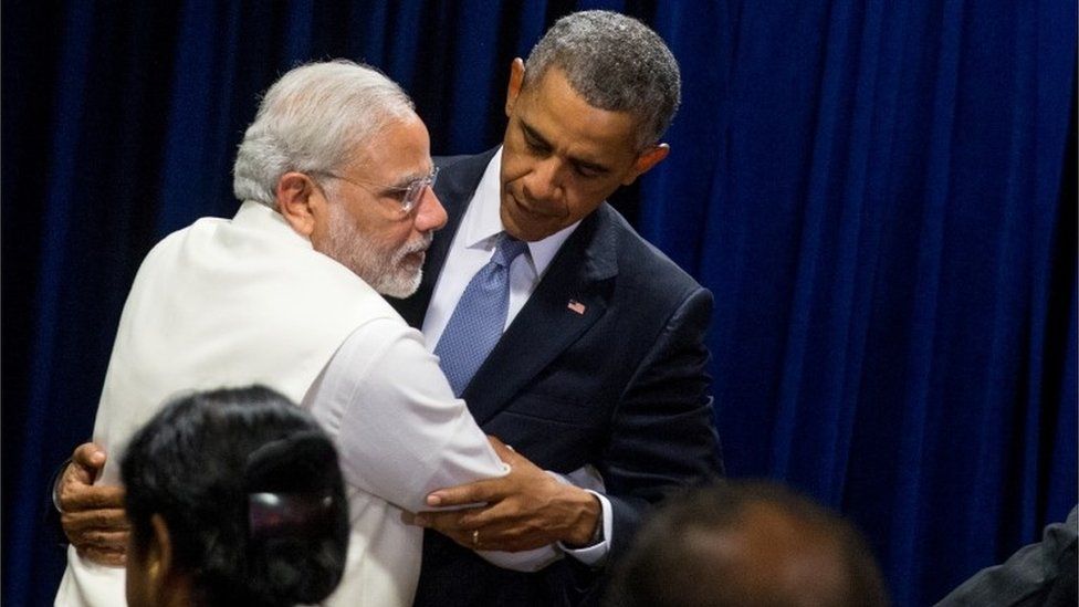 President Barack Obama and Indian Prime Minister Narendra Modi embrace following a bilateral meeting, Monday, Sept. 28, 2015, at United Nations headquarters.