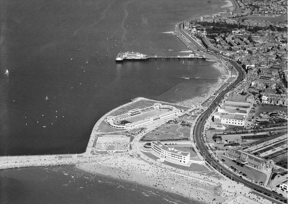 An aerial view of The Midland Hotel, Swimming Stadium and Central Pier in Morecambe, Lancashire, taken in August 1949