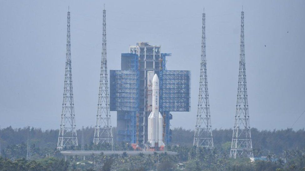 The Chang'e 6 lunar probe and the Long March-5 Y8 carrier rocket combination sit atop the launch pad at the Wenchang Space Launch Site in Hainan province, China