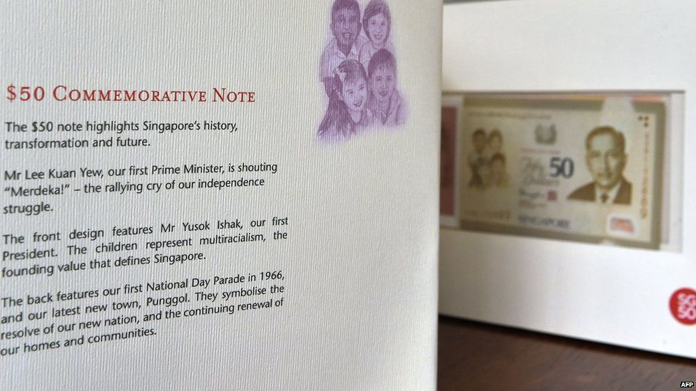 A misspelling of Singapore's first president "Yusok Ishak" (third para) on a folder kit of the 50 Singapore dollar commemorative note displayed in Singapore on August 21, 2015