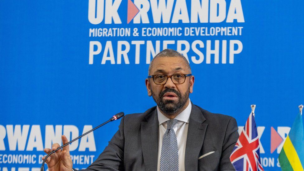 Home Secretary James Cleverly speaking in Kigali, Rwanda