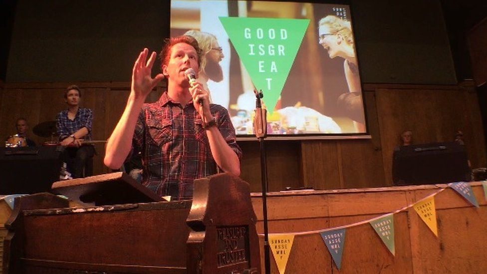 A speaker at the Sunday Assembly in London