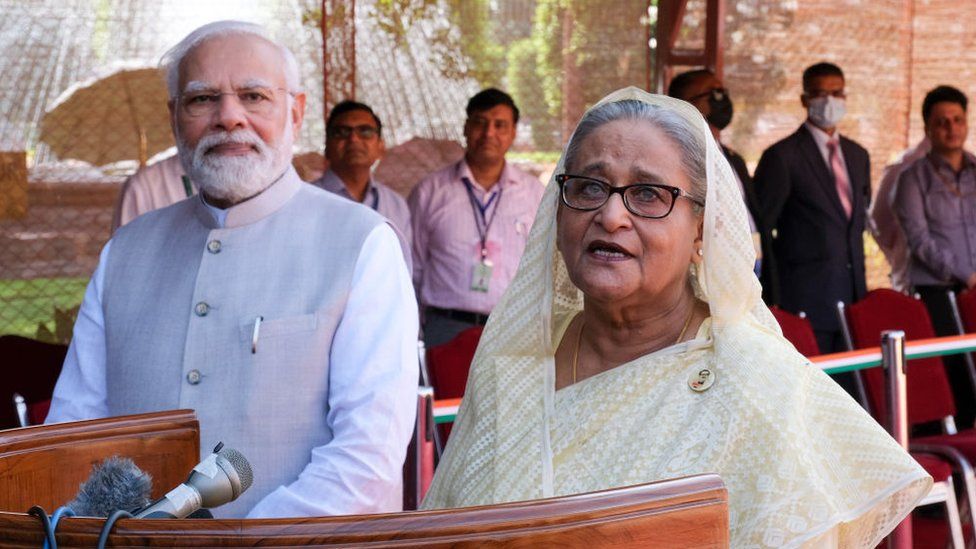 Hasina Sheikh, Bangladesh's prime minister, right, along with Narendra Modi, India's prime minister, speaks to the media during a ceremonial reception at Rashtrapati Bhawan in New Delhi, India, on Tuesday, Sept. 6, 2022