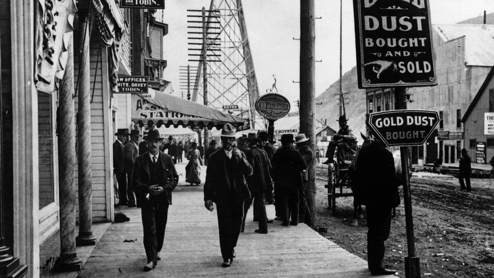 The high street of the gold mining town Dawson City in Canada during the Klondike Gold Rush.