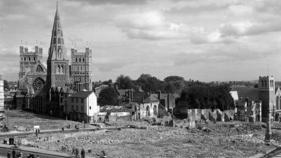 1942 Bomb damage around Exeter Cathedral