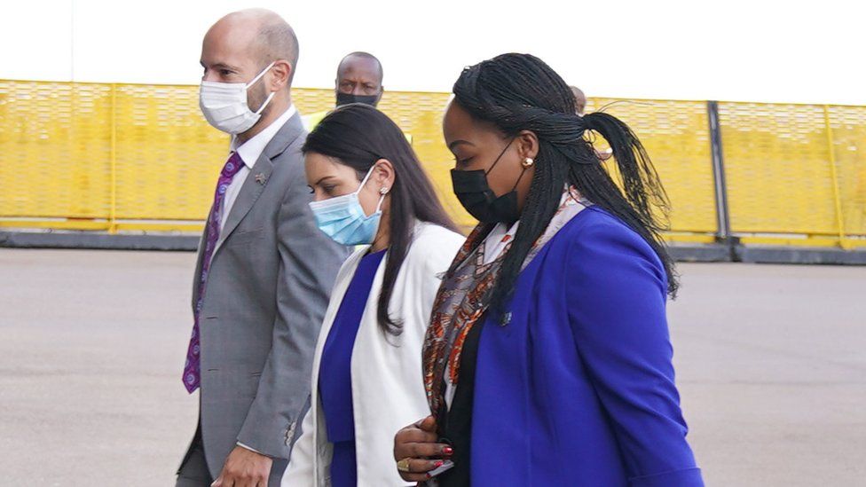 Priti Patel getting in Kigali, Rwanda