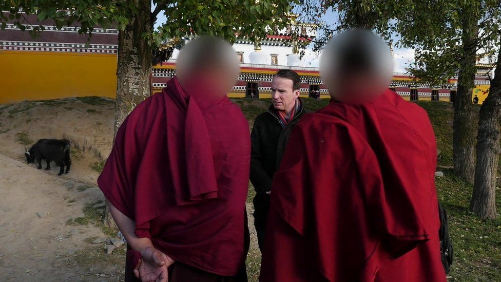 Monks at Kurti Monastery speak to the BBC's John Sudworth in October 2015