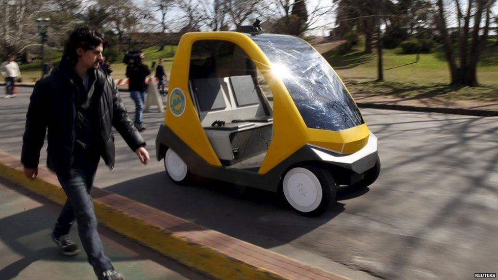 A prototype of an autonomous electric vehicle during its presentation in Buenos Aires