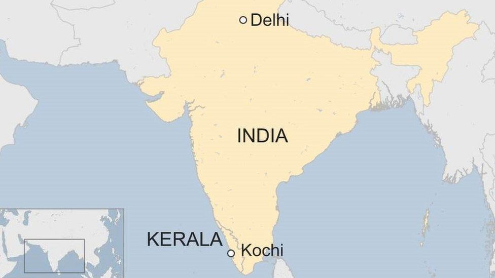 Map of India showing Delhi, Kerala and its capital Cochi