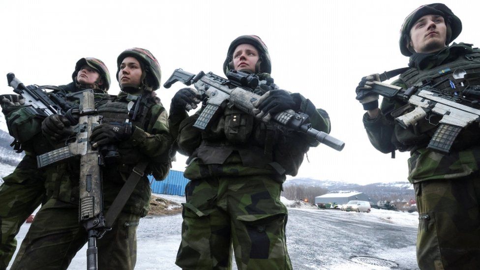 Swedish soldiers take part in a military exercise called "Cold Response 2022"