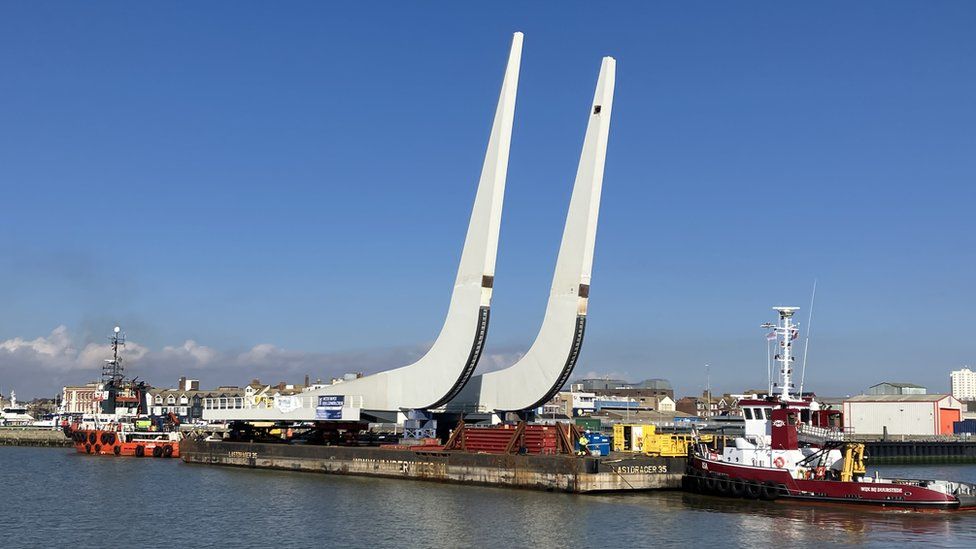 The bascule span of the Gull Wing Bridge arriving at Lake Lothing in Lowestoft