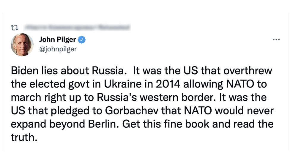 John Pilger tweet saying Biden lies about Russia