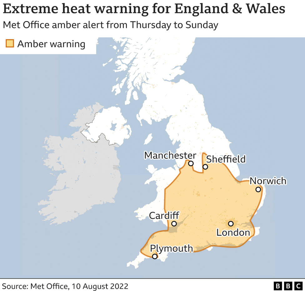 Map showing the areas of England and Wales covered by the amber warning of extreme heat from the Met Office.