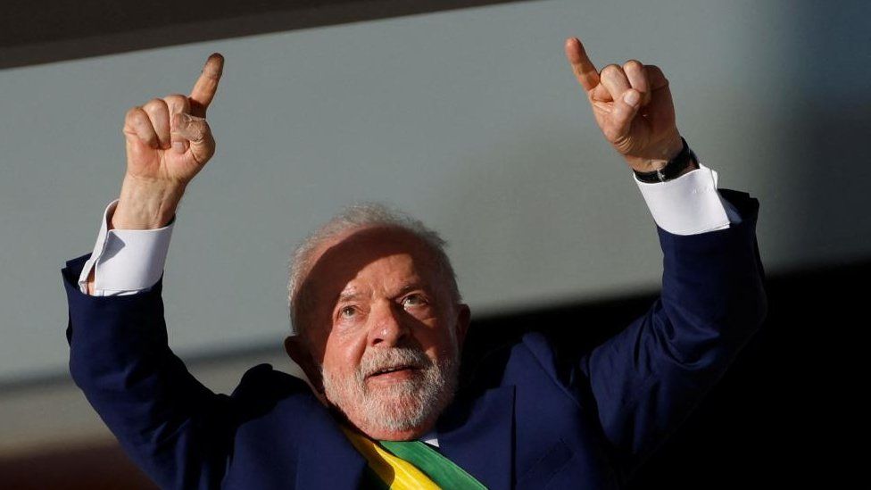 Brazil's President Luiz Inacio Lula da Silva gestures at the Planalto Palace, in Brasilia, Brazil, January 1, 2023