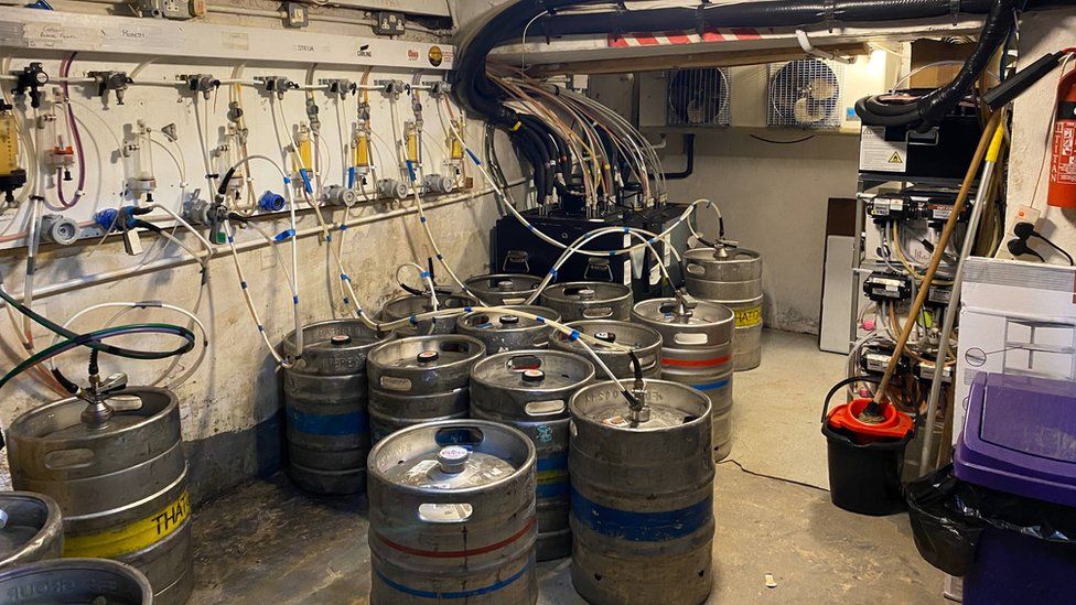 Barrels kept in the cellar of the pub