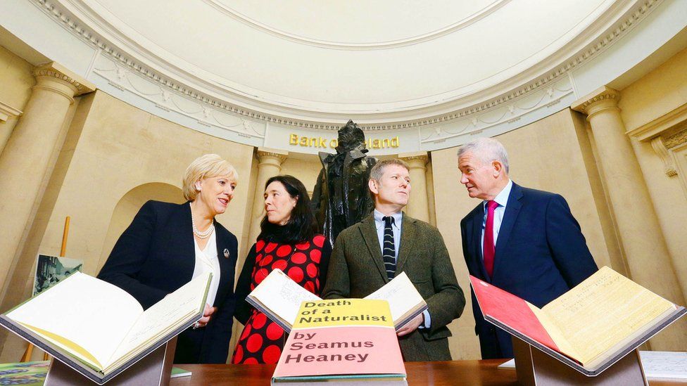 Pictured with a selection of the items that will feature in the exhibition are Arts Minister Heather Humphreys TD, Dr Sandra Collins , director of the National Library of Ireland, Seamus Heaney's son Mick Heaney and Chief Executive of Bank of Ireland, Richie Boucher.