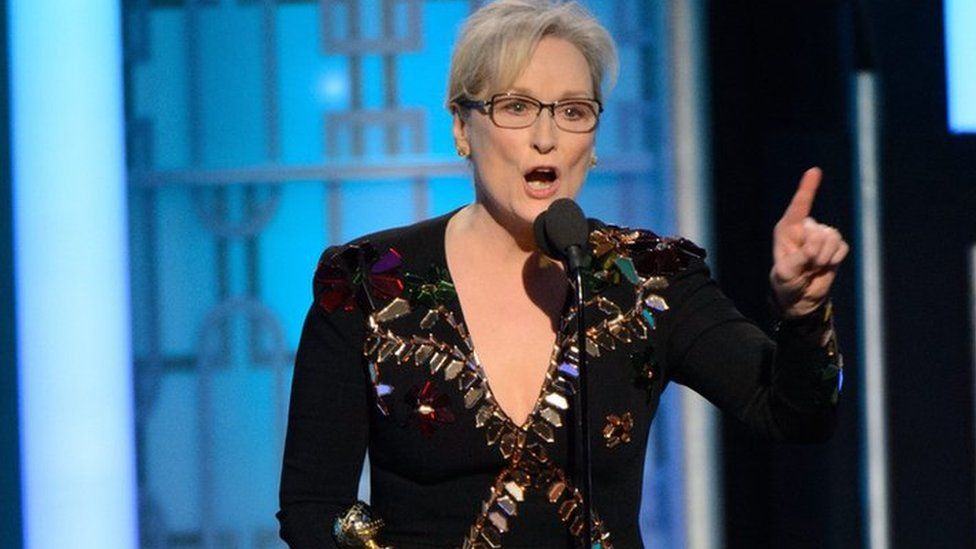 A handout photo made available by the Hollywood Foreign Press Association (HFPA) on 09 January 2017 shows Meryl Streep accepting the Cecil B. DeMille Lifetime Achievement Award