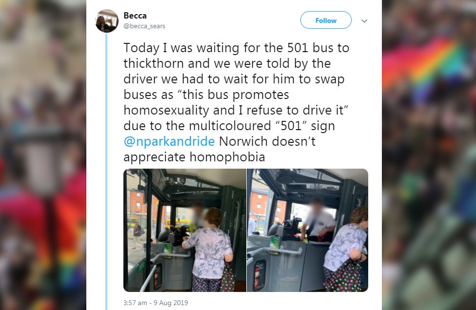 Tweet reads: Today I was waiting for the 501 bus to thickthorn and we were told by the driver we had to wait for him to swap buses as "this bus promotes homosexuality and I refuse to drive it" due to the multicoloured "501" sign @nparkandride Norwich doesn't appreciate homophobia