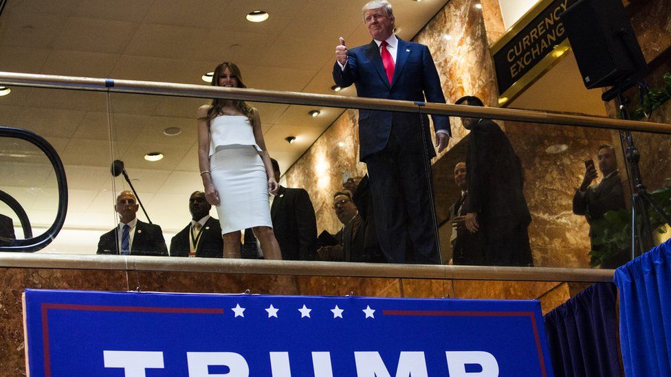 Donald Trump gives a thumbs-up before announcing his presidential campaign in 2015
