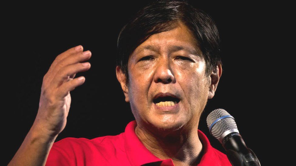 Ferdinand "Bongbong" Marcos Jr., the son of the late dictator Ferdinand Marcos, speaks during a rally as he campaigns for the presidency on February 19, 2022 in Caloocan, Metro Manila, Philippines.