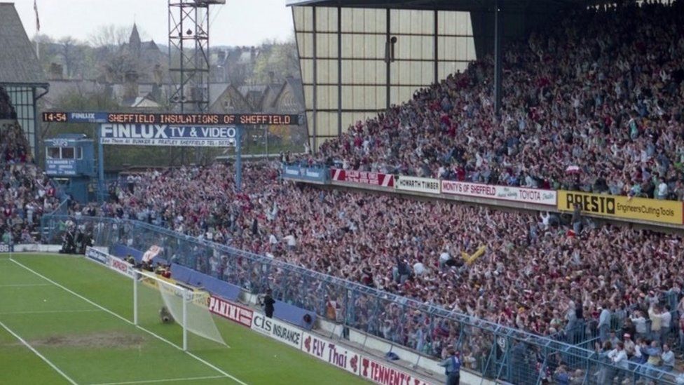 Fans in the west terrace of Hillsborough stadium