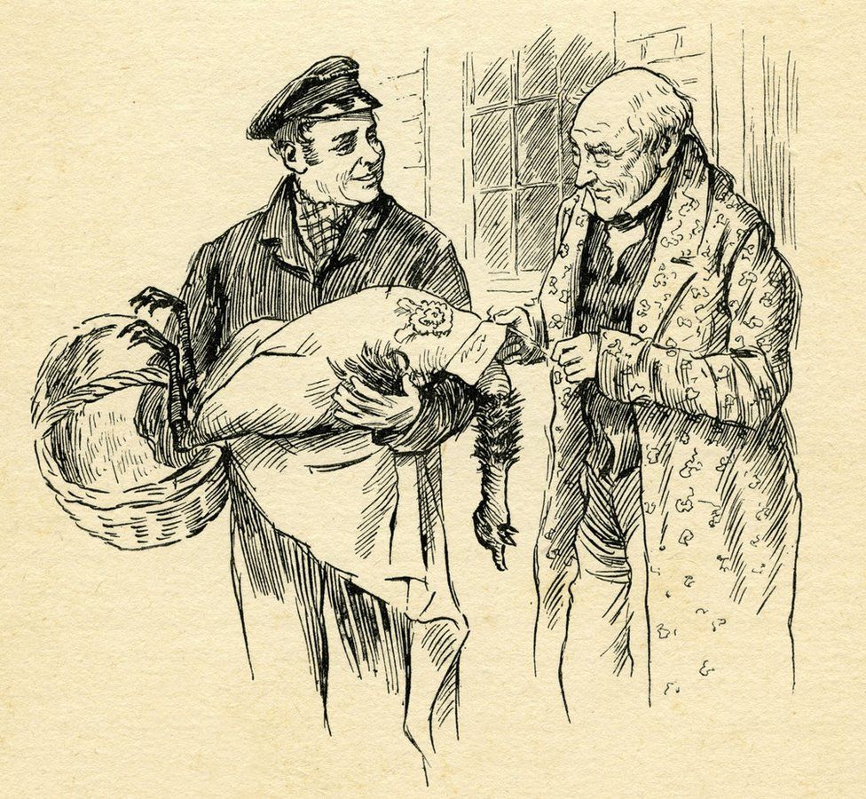 Ebeneezer Scrooge takes delivery of a turkey in an 1850 illustration from A Christmas Carol