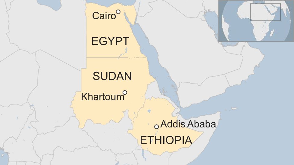 A map showing Egypt, Sudan and Ethiopia and their capitals