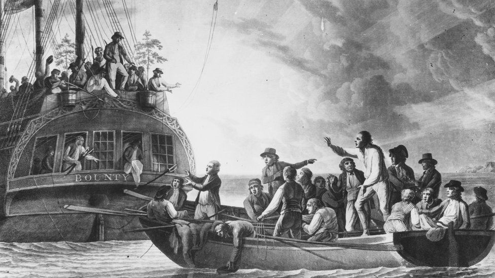 A drawing depicts the mutiny on the Bounty