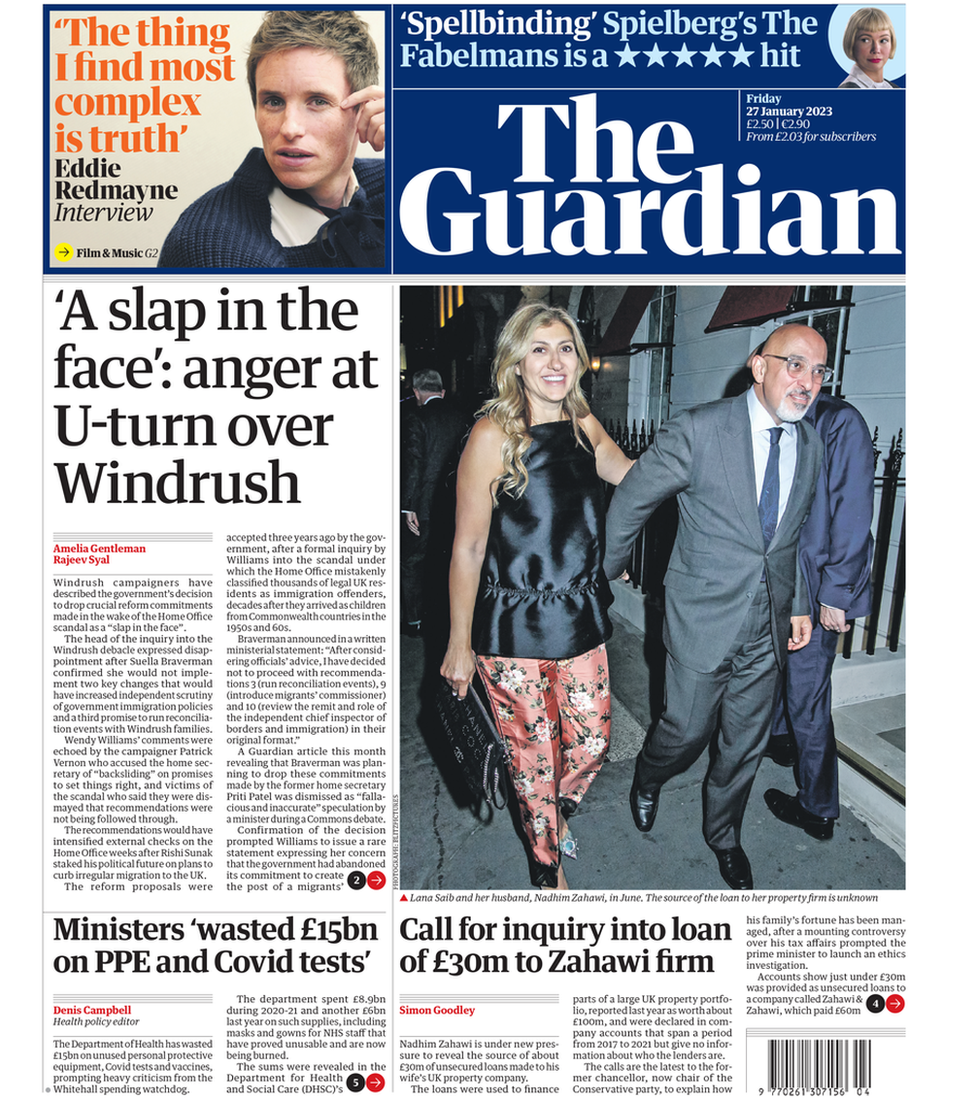 The Guardian front page 27 January 2023