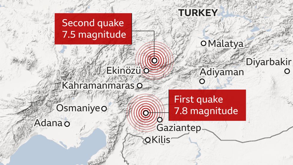 Mapa que muestra la localización de los dos terremotos en Turquía