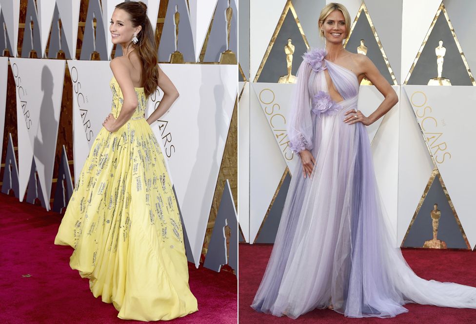 Composite image showing Alicia Vikander and Heidi Klum in their Oscars gowns