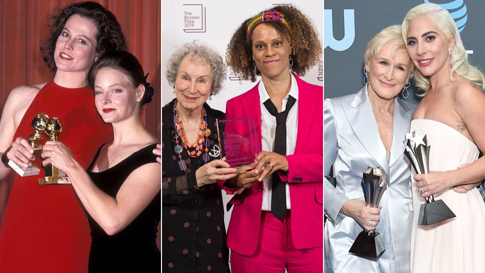 Sigourney Weaver with Jodie Foster, Margaret Atwood with Bernardine Evaristo and Glenn Close with Lady Gaga