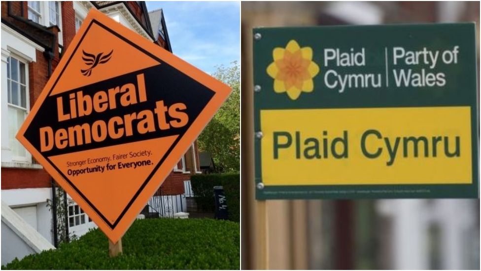 Liberal Democrat and Plaid Cymru signs