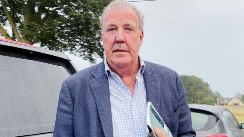 Jeremy Clarkson at the Memorial Hall in Chadlington, where he held a meeting with local residents over concerns about his Oxfordshire farm shop