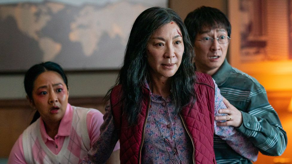 Stephanie Hsu, Michelle Yeoh and Ke Huy Quan in Everything Everywhere All at Once