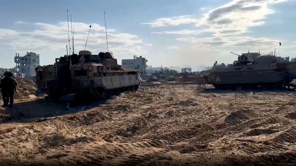 Screengrab of video released by the Israel Defense Forces on 30 October 2023 showing Israeli armoured vehicles inside the Gaza Strip